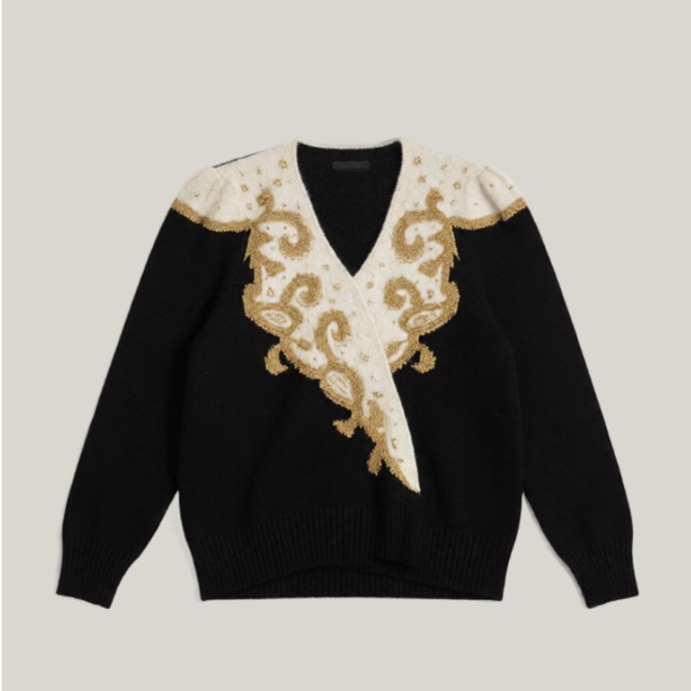 Vintage Dana Scott Gold Bead & Soutache Embroidered Knit Sweater - Size L